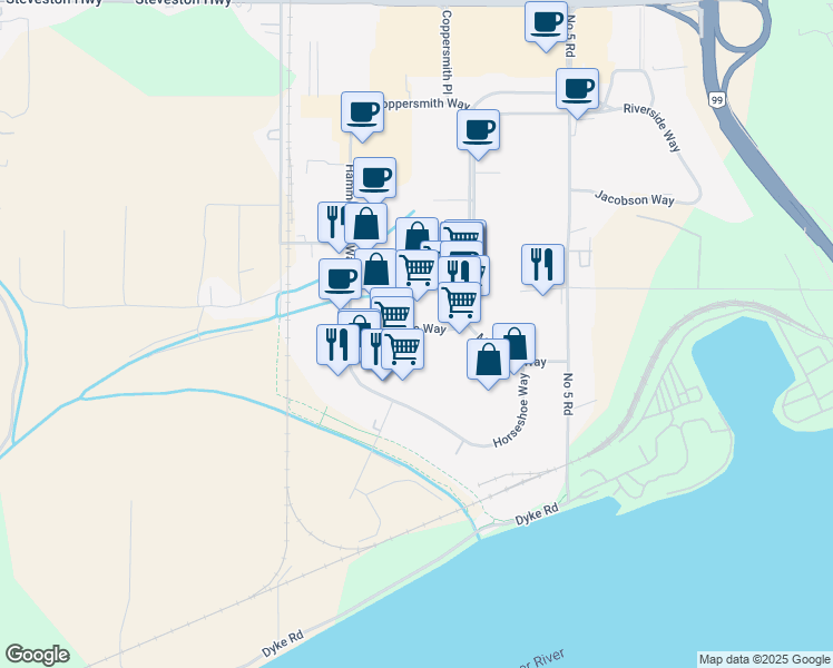 map of restaurants, bars, coffee shops, grocery stores, and more near 12148 Horseshoe Way in Richmond