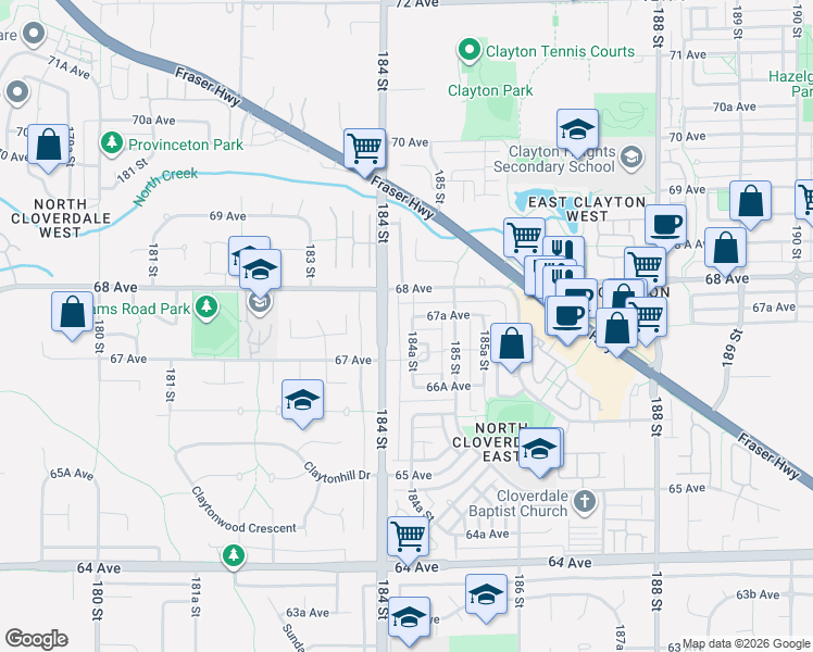 map of restaurants, bars, coffee shops, grocery stores, and more near 6725 184A Street in Surrey
