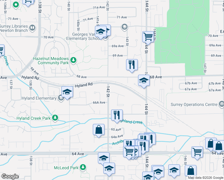 map of restaurants, bars, coffee shops, grocery stores, and more near 14217 67 Avenue in Surrey