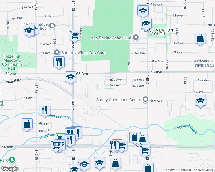 map of restaurants, bars, coffee shops, grocery stores, and more near 14570 67A Avenue in Surrey