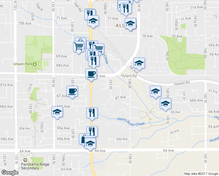 map of restaurants, bars, coffee shops, grocery stores, and more near in Surrey