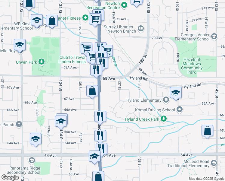 map of restaurants, bars, coffee shops, grocery stores, and more near 6747 137 Street in Surrey