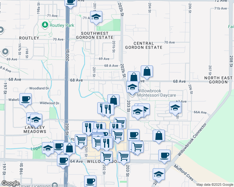 map of restaurants, bars, coffee shops, grocery stores, and more near 6747 203 Street in Langley