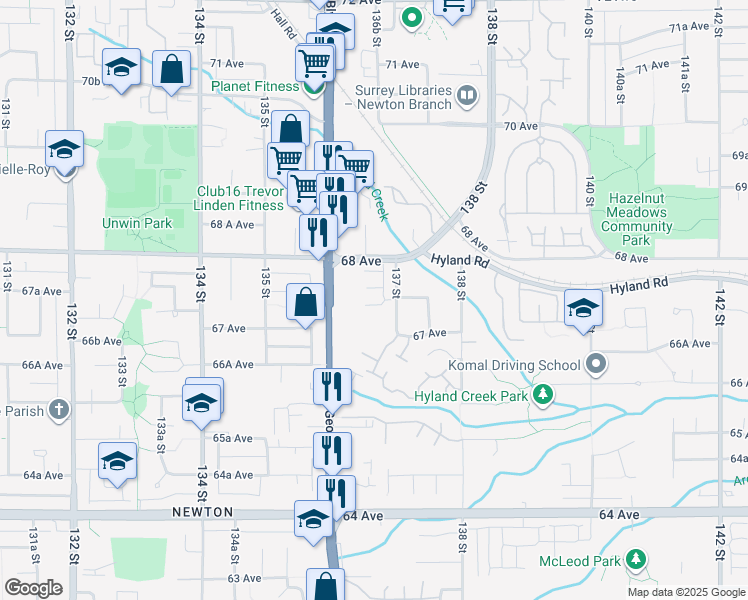 map of restaurants, bars, coffee shops, grocery stores, and more near 6747 137 Street in Surrey