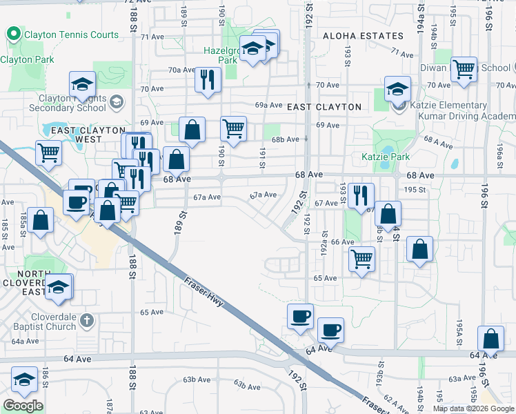 map of restaurants, bars, coffee shops, grocery stores, and more near 19109 67 Avenue in Surrey