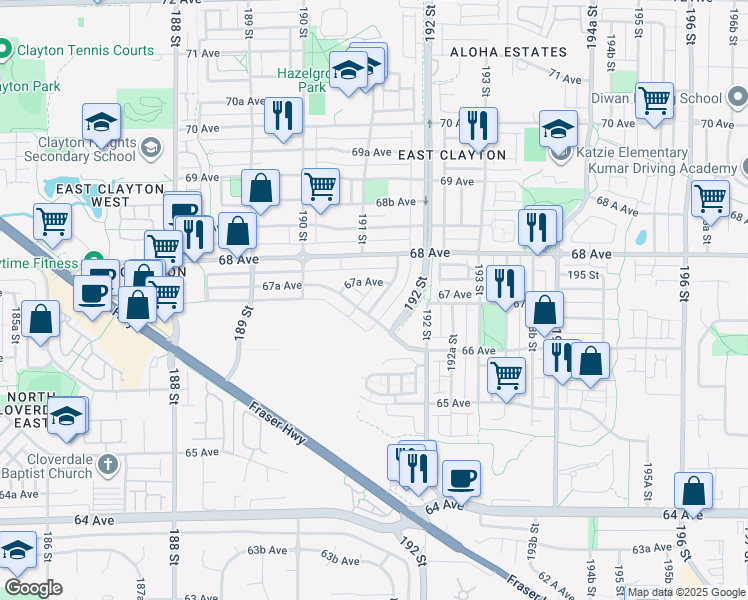 map of restaurants, bars, coffee shops, grocery stores, and more near 6721 191A Street in Surrey