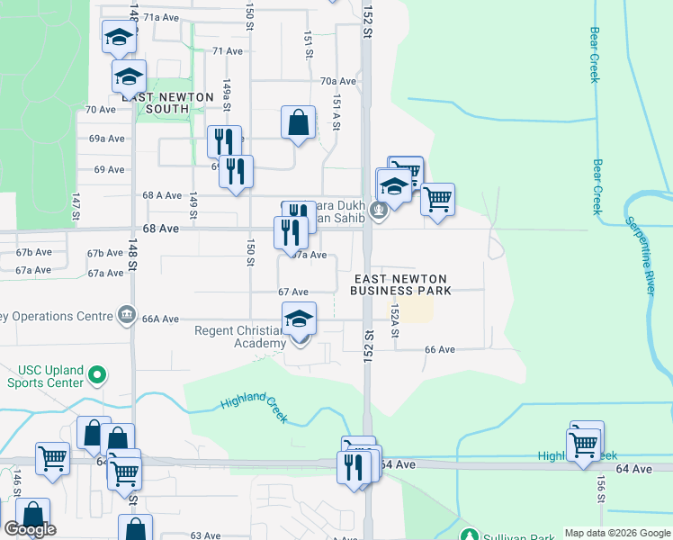 map of restaurants, bars, coffee shops, grocery stores, and more near 6740 151A Street in Surrey