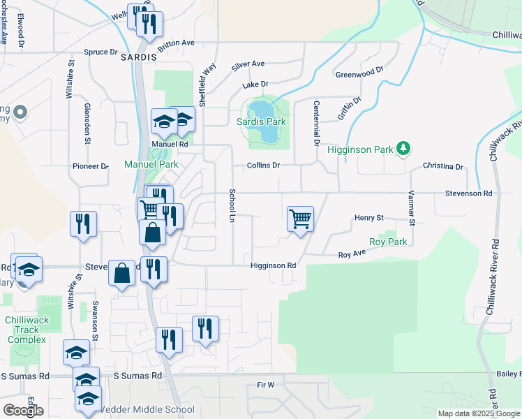 map of restaurants, bars, coffee shops, grocery stores, and more near 45909 Currie Place in Chilliwack