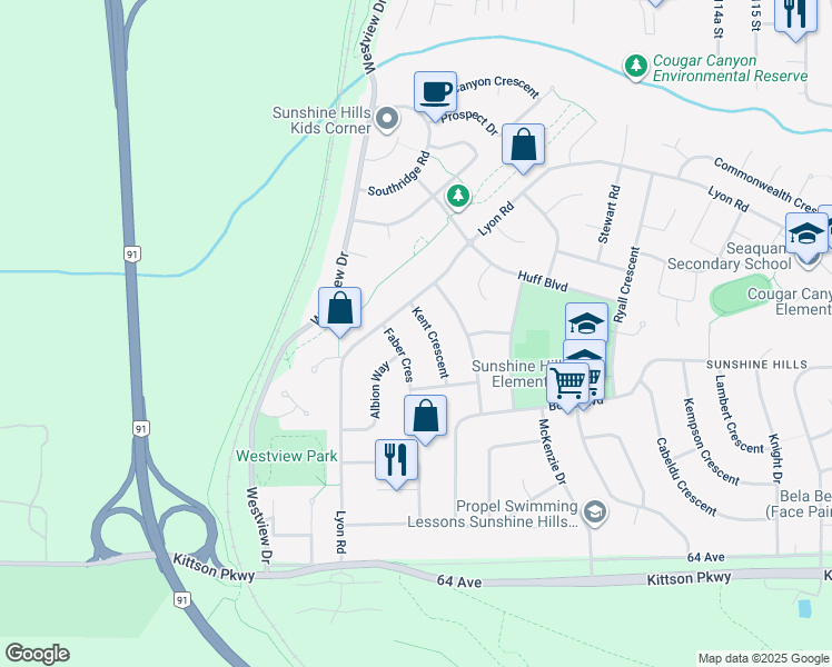 map of restaurants, bars, coffee shops, grocery stores, and more near 6717 Kent Crescent in Delta