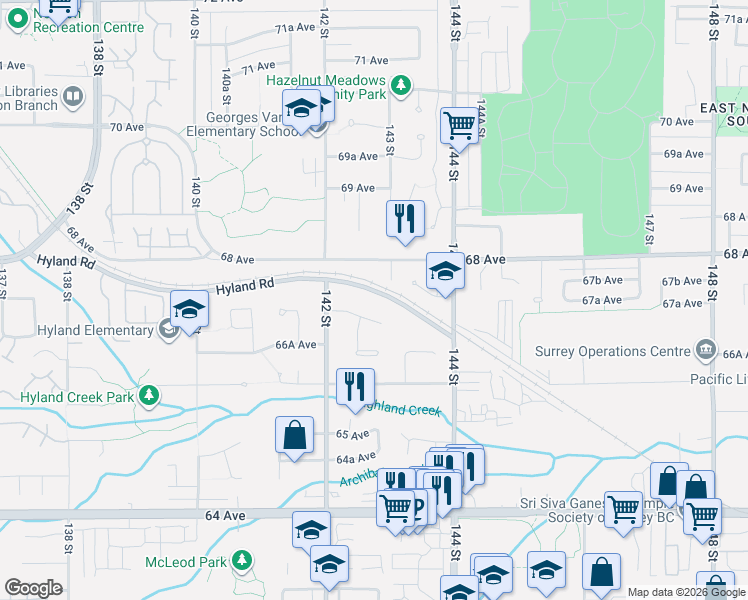 map of restaurants, bars, coffee shops, grocery stores, and more near 14278 Hyland Road in Surrey