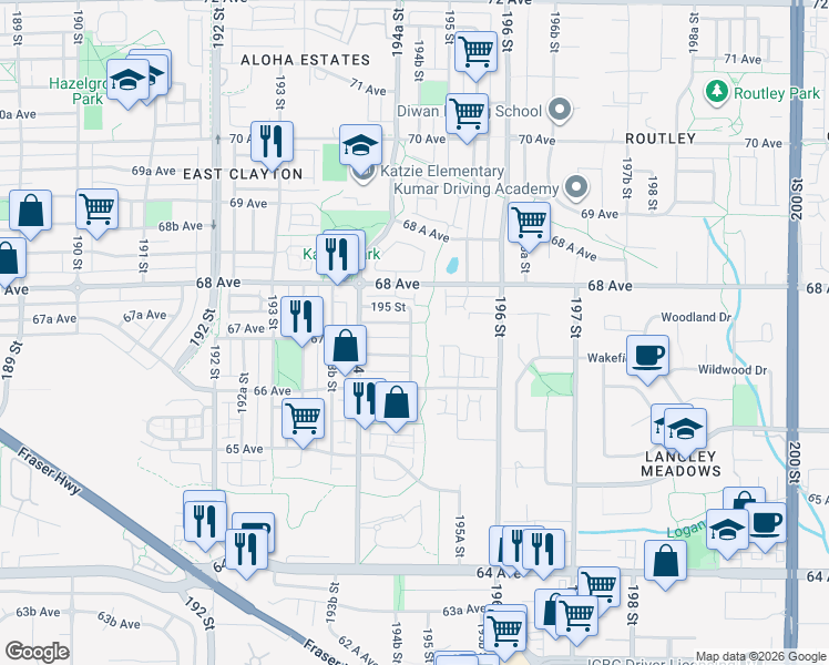map of restaurants, bars, coffee shops, grocery stores, and more near 6686 195 Street in Surrey