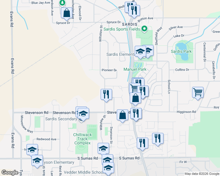 map of restaurants, bars, coffee shops, grocery stores, and more near 45578 Worthington Place in Chilliwack
