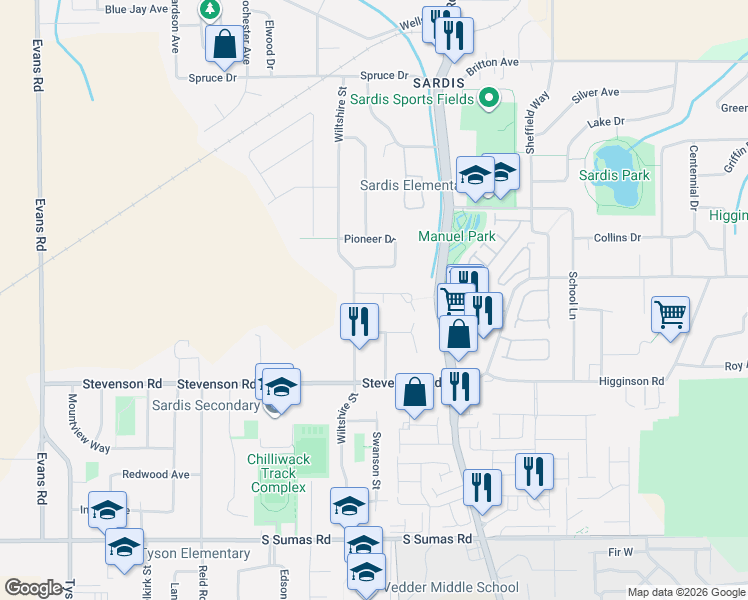 map of restaurants, bars, coffee shops, grocery stores, and more near 45578 Worthington Place in Chilliwack