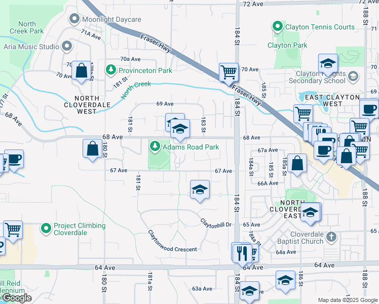 map of restaurants, bars, coffee shops, grocery stores, and more near 6767 182A Street in Surrey