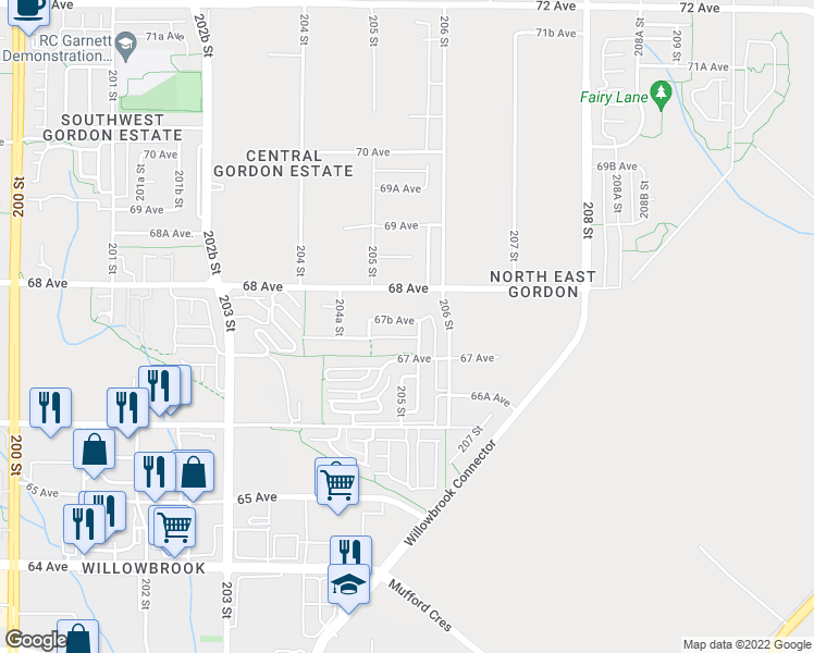 map of restaurants, bars, coffee shops, grocery stores, and more near 20518 67B Avenue in Langley