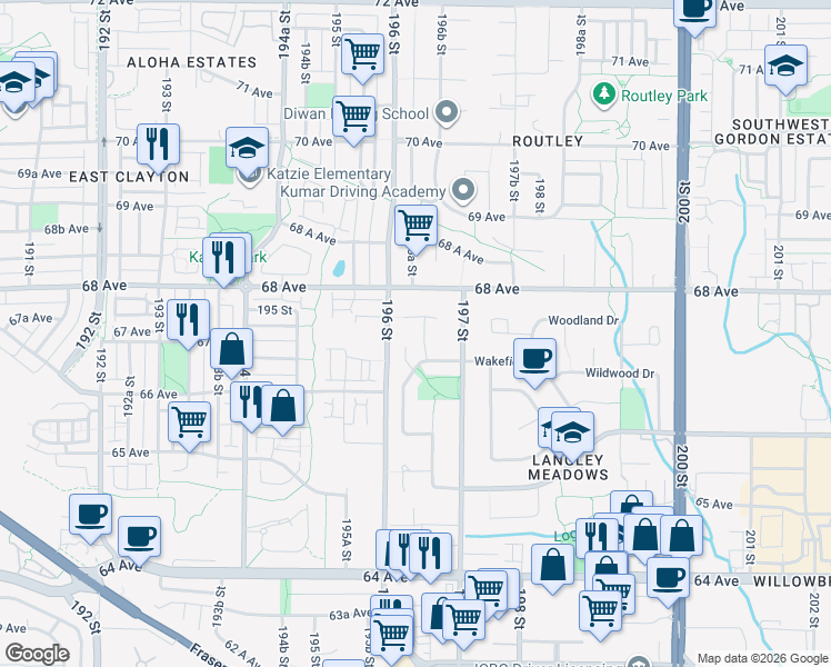 map of restaurants, bars, coffee shops, grocery stores, and more near 6731 196B Place in Langley
