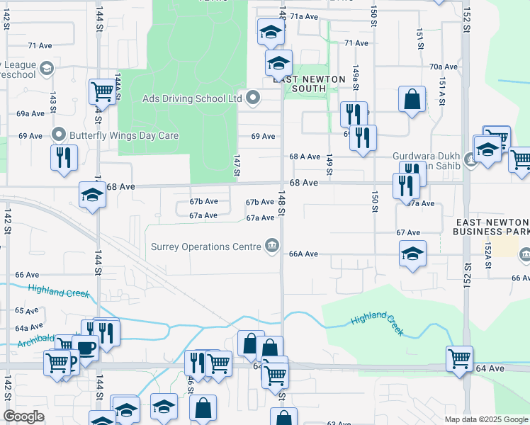 map of restaurants, bars, coffee shops, grocery stores, and more near 14781 67A Avenue in Surrey