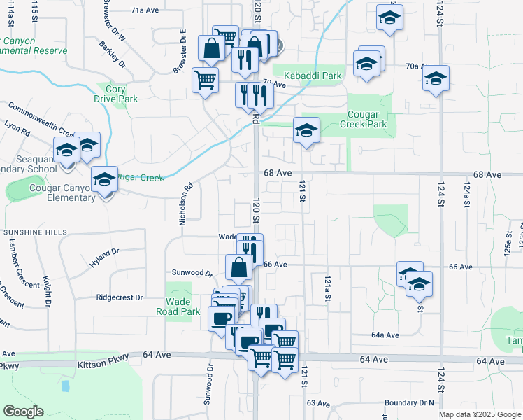 map of restaurants, bars, coffee shops, grocery stores, and more near 6688 120 Street in Surrey