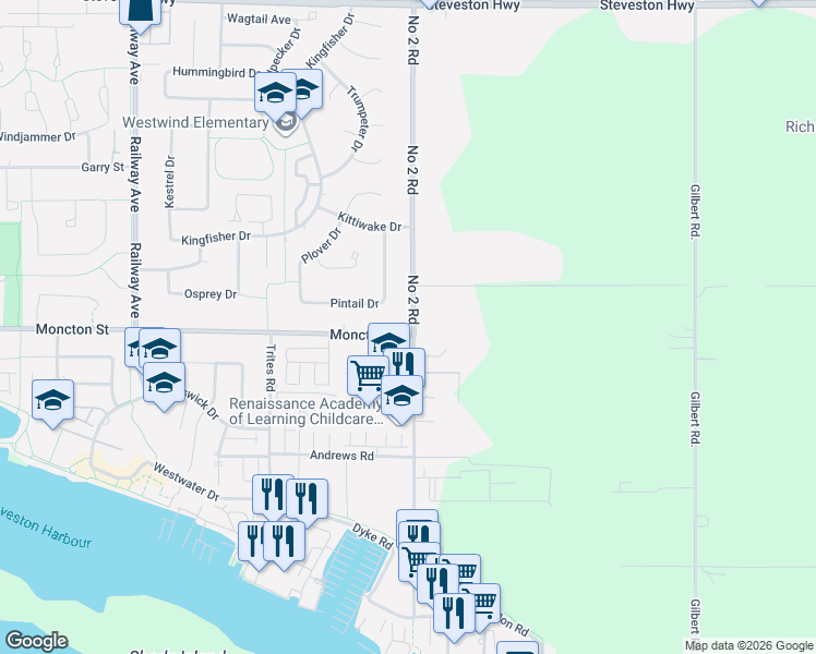 map of restaurants, bars, coffee shops, grocery stores, and more near 5819 Moncton Street in Richmond