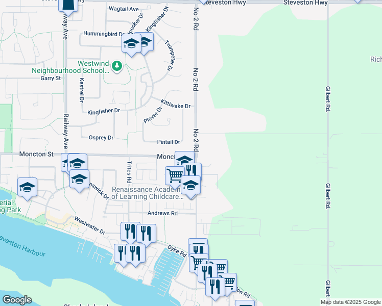 map of restaurants, bars, coffee shops, grocery stores, and more near 5811 Moncton Street in Richmond