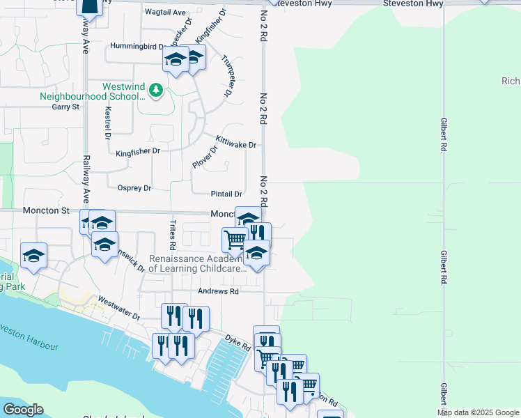 map of restaurants, bars, coffee shops, grocery stores, and more near 5819 Moncton Street in Richmond