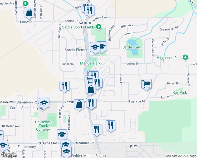 map of restaurants, bars, coffee shops, grocery stores, and more near 45769 Stevenson Road in Chilliwack
