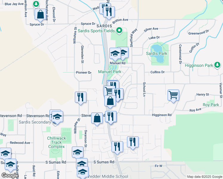 map of restaurants, bars, coffee shops, grocery stores, and more near 45761 Stevenson Road in Chilliwack