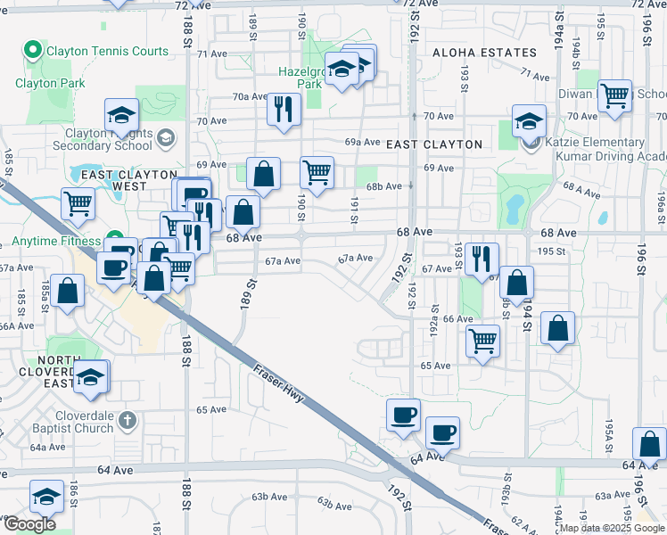 map of restaurants, bars, coffee shops, grocery stores, and more near 19079 67A Avenue in Surrey