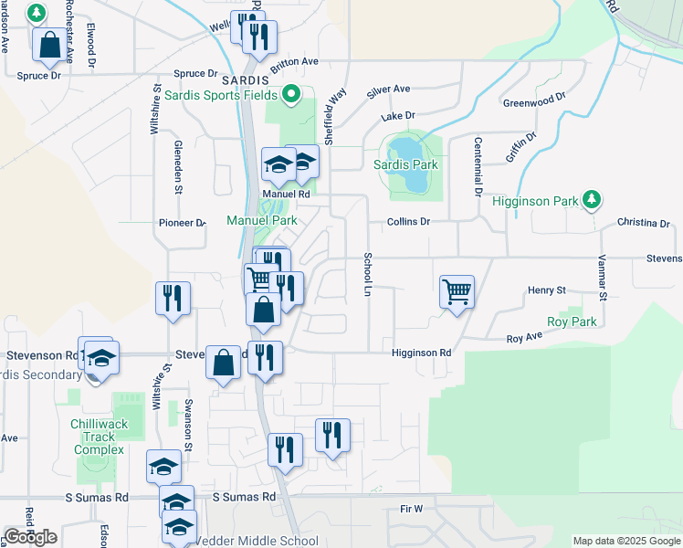 map of restaurants, bars, coffee shops, grocery stores, and more near 45824 Stevenson Road in Chilliwack