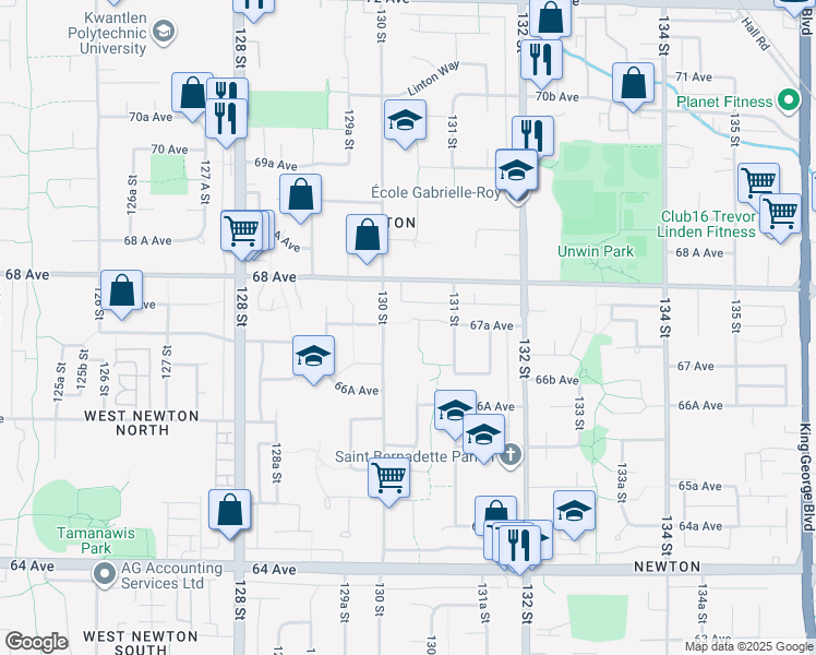 map of restaurants, bars, coffee shops, grocery stores, and more near 6735 130A Street in Surrey