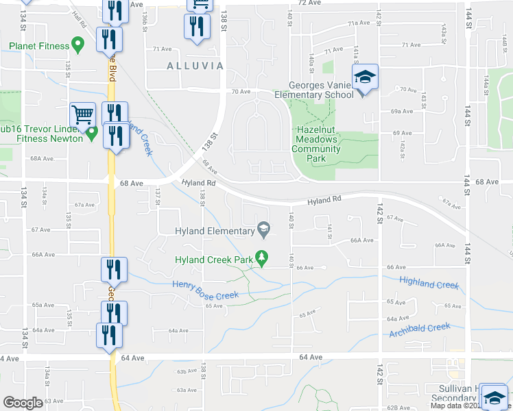 map of restaurants, bars, coffee shops, grocery stores, and more near 13900 Hyland Road in Surrey