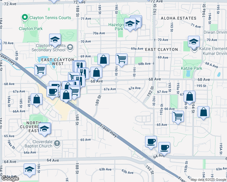 map of restaurants, bars, coffee shops, grocery stores, and more near 18980 67A Avenue in Surrey
