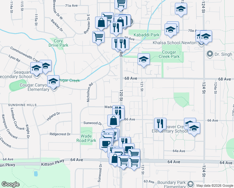 map of restaurants, bars, coffee shops, grocery stores, and more near 6712 120 Street in Surrey