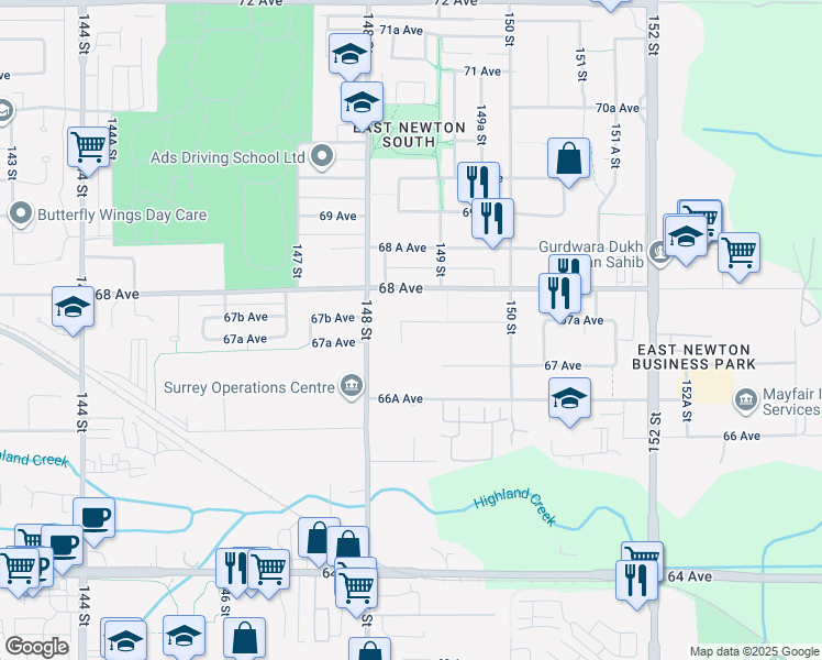 map of restaurants, bars, coffee shops, grocery stores, and more near 14866 67A Avenue in Surrey