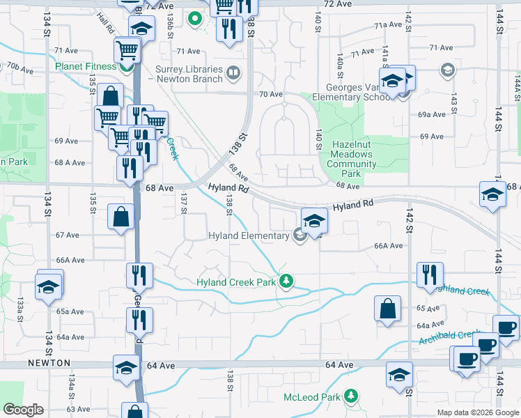 map of restaurants, bars, coffee shops, grocery stores, and more near in Surrey