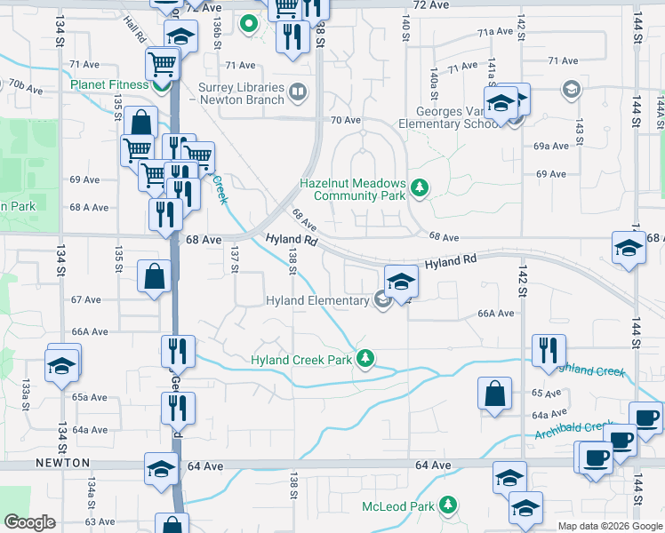 map of restaurants, bars, coffee shops, grocery stores, and more near 13864 Hyland Road in Surrey