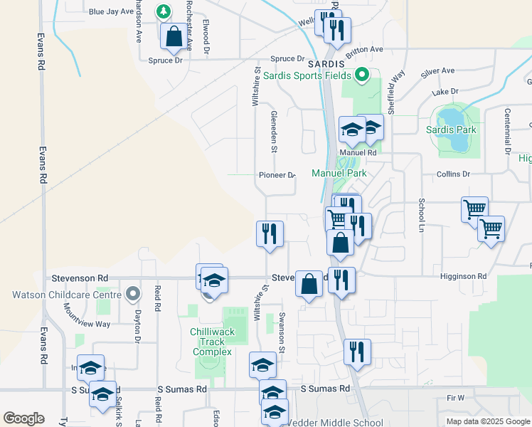 map of restaurants, bars, coffee shops, grocery stores, and more near Wiltshire Street in Chilliwack