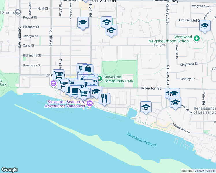 map of restaurants, bars, coffee shops, grocery stores, and more near 4111 Moncton Street in Richmond