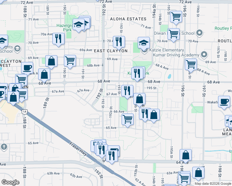 map of restaurants, bars, coffee shops, grocery stores, and more near in Surrey