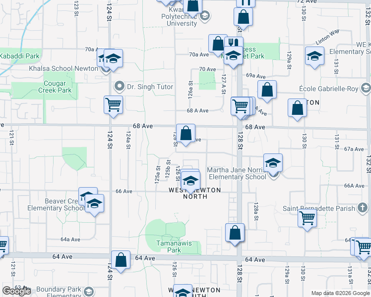 map of restaurants, bars, coffee shops, grocery stores, and more near 12635 67A Avenue in Surrey