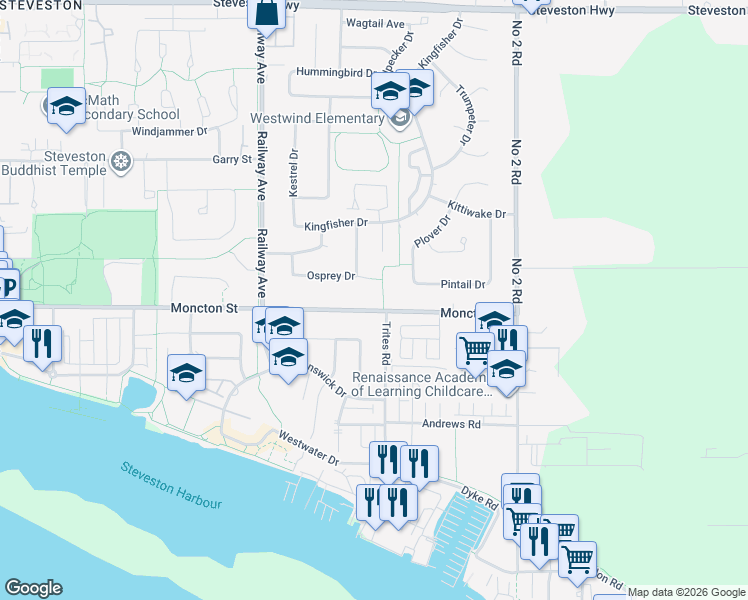 map of restaurants, bars, coffee shops, grocery stores, and more near 5351 Moncton Street in Richmond