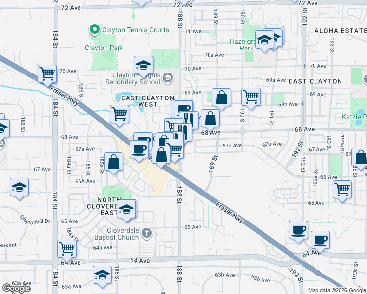 map of restaurants, bars, coffee shops, grocery stores, and more near 6758 188 Street in Surrey