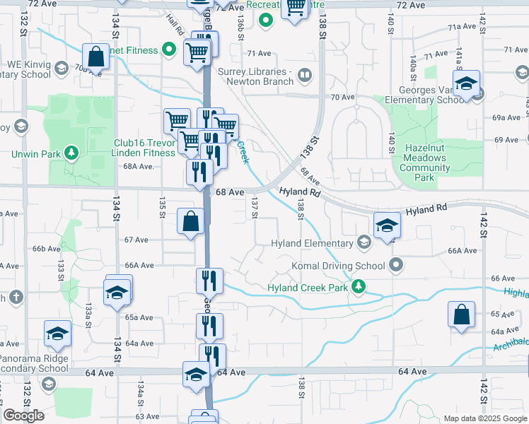 map of restaurants, bars, coffee shops, grocery stores, and more near 13733 67A Avenue in Surrey