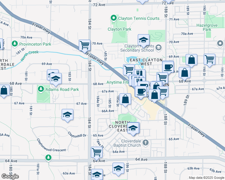 map of restaurants, bars, coffee shops, grocery stores, and more near 18509 67A Avenue in Surrey