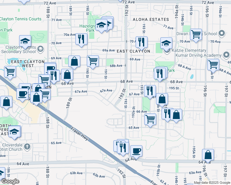 map of restaurants, bars, coffee shops, grocery stores, and more near 6746 191A Street in Surrey