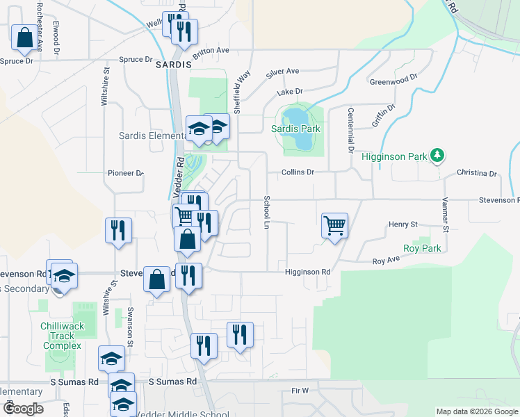 map of restaurants, bars, coffee shops, grocery stores, and more near 6779 School Lane in Chilliwack
