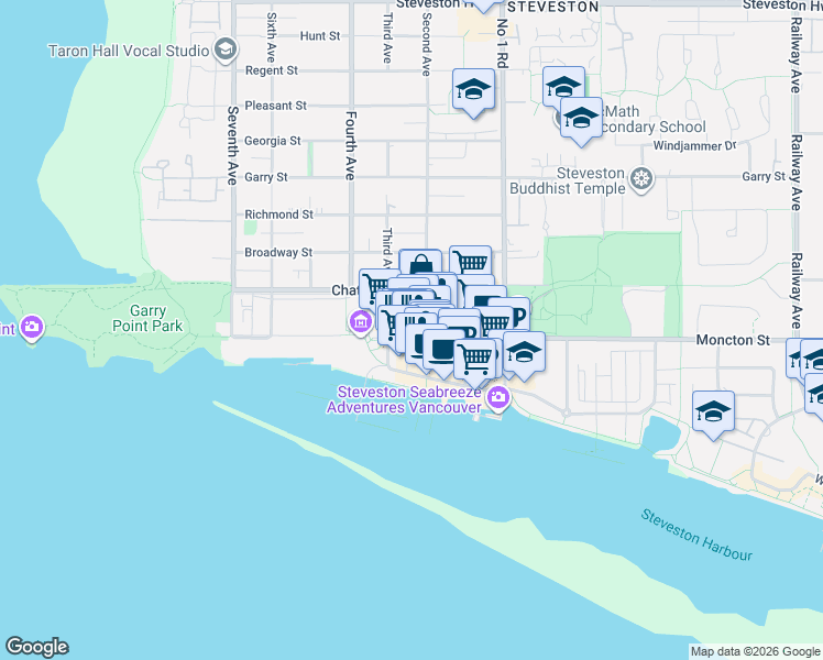 map of restaurants, bars, coffee shops, grocery stores, and more near 3511 Moncton Street in Richmond