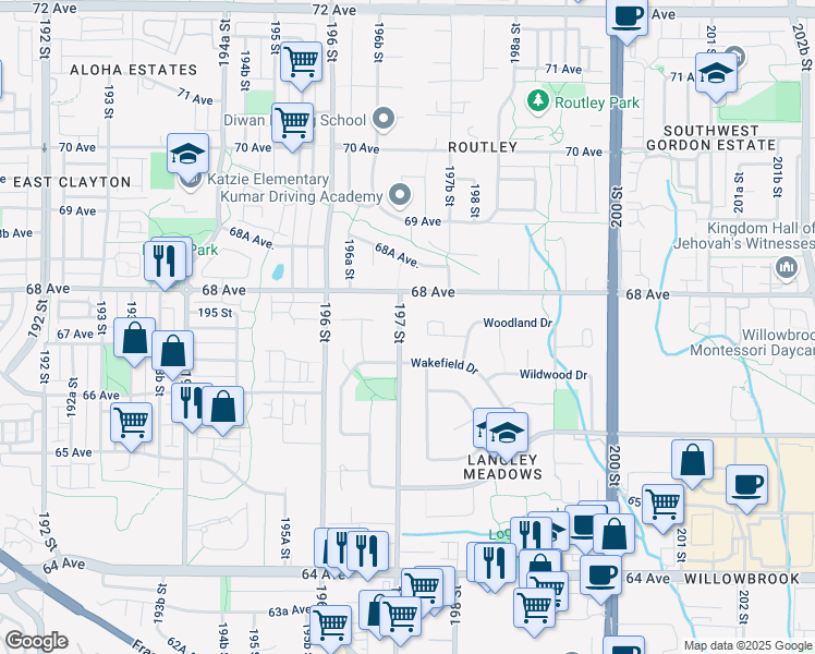map of restaurants, bars, coffee shops, grocery stores, and more near 6760 197 Street in Langley