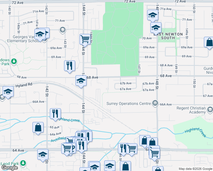 map of restaurants, bars, coffee shops, grocery stores, and more near 6761 145A Street in Surrey