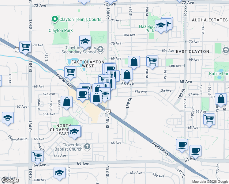 map of restaurants, bars, coffee shops, grocery stores, and more near 18818 68 Avenue in Surrey
